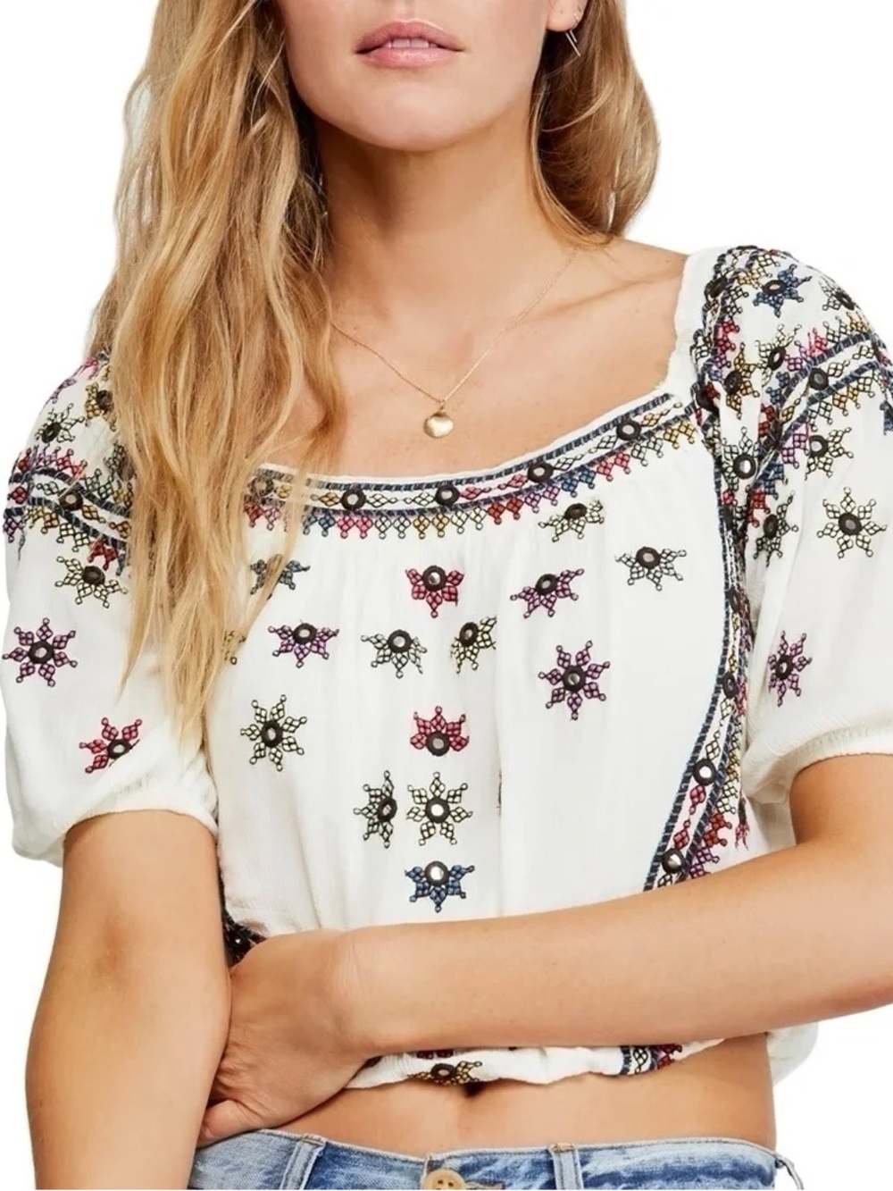 Free People Aurora Embroidered Blouse Size M
